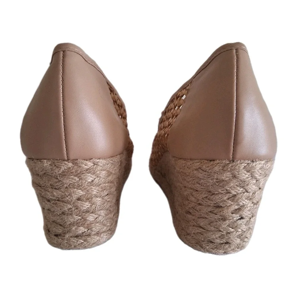 Adrienne Vittadini Wedge Espadrille Peep Toe Pumps 7.5 M Beige Boho Style Shoes